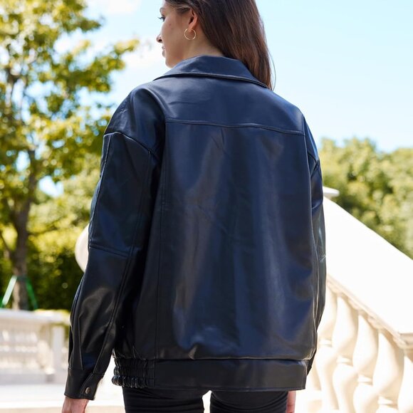 Womens Oversized Faux Leather Motocycle Jacket Zip Up Outwear Coat with Pockets - Picture 4 of 4